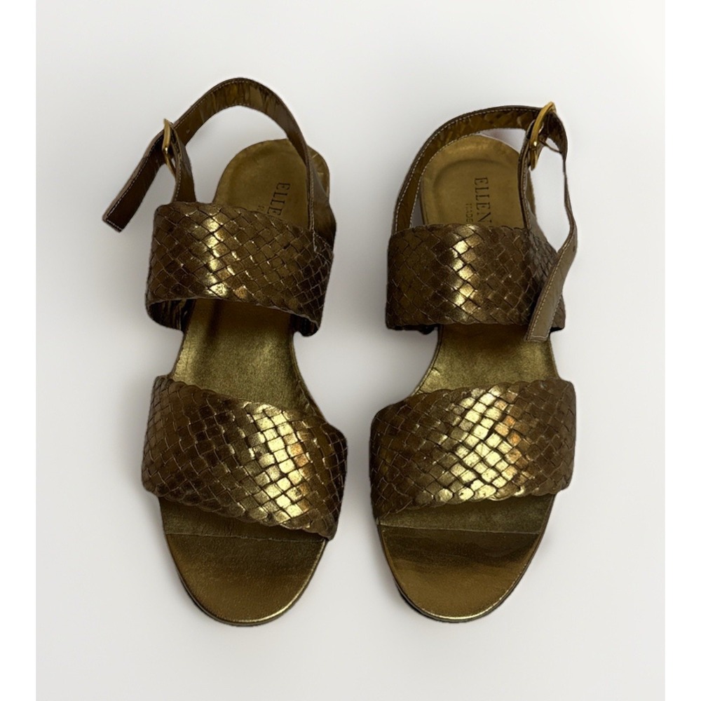 Ellen Tracy Vintage Gold Basketweave Leather Heeled Strappy Sandals Size 5M